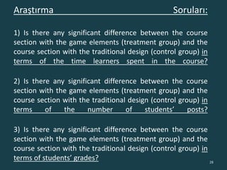 Araştırma Soruları:
1) Is there any significant difference between the course
section with the game elements (treatment group) and the
course section with the traditional design (control group) in
terms of the time learners spent in the course?
2) Is there any significant difference between the course
section with the game elements (treatment group) and the
course section with the traditional design (control group) in
terms of the number of students’ posts?
3) Is there any significant difference between the course
section with the game elements (treatment group) and the
course section with the traditional design (control group) in
terms of students’ grades? 28
 