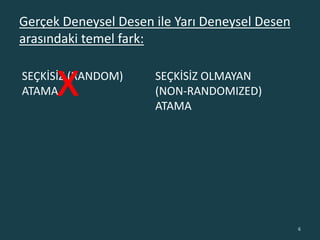 Gerçek Deneysel Desen ile Yarı Deneysel Desen
arasındaki temel fark:
6
SEÇKİSİZ (RANDOM)
ATAMA
SEÇKİSİZ OLMAYAN
(NON-RANDOMIZED)
ATAMA
x
 