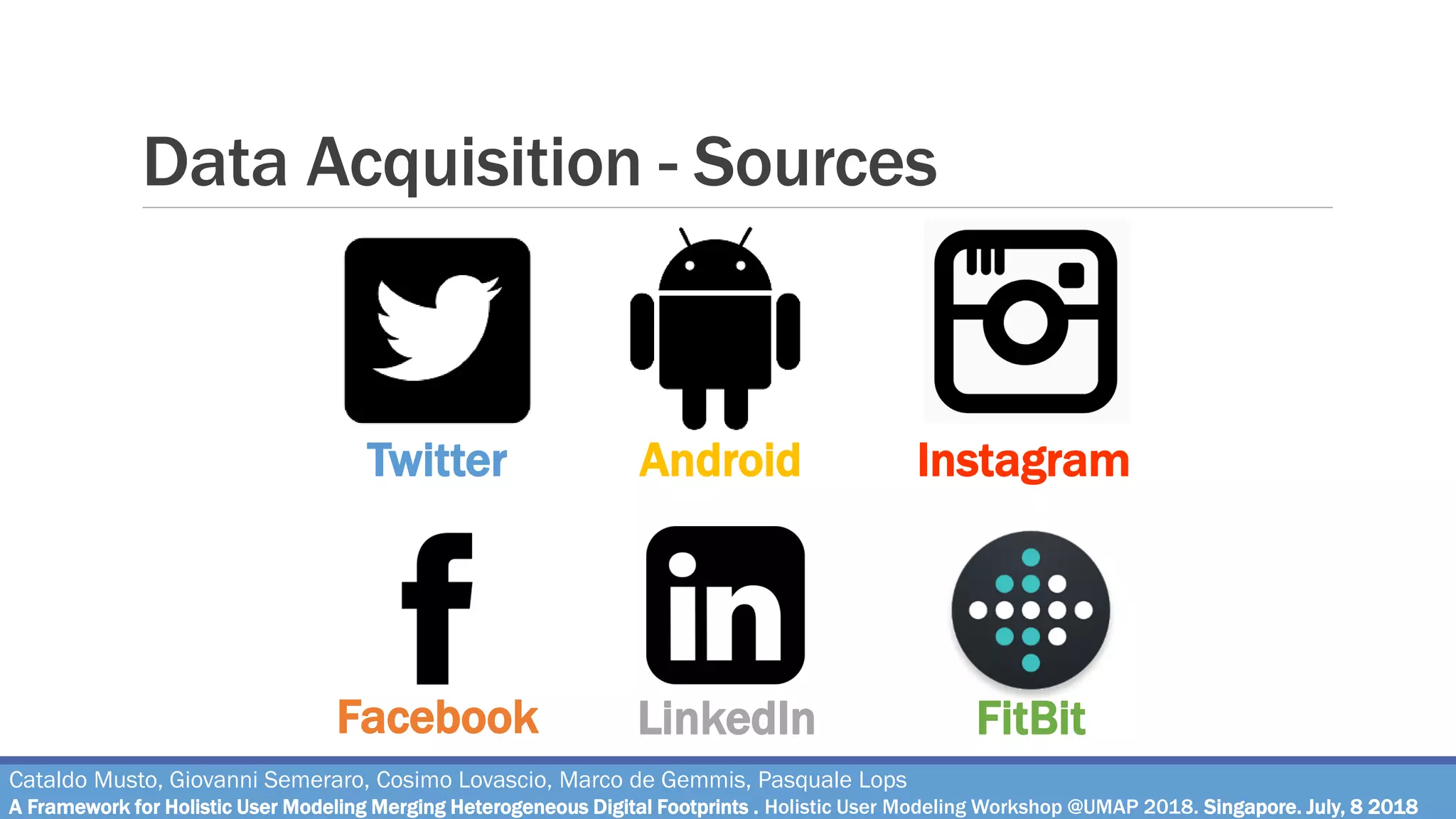 Data Acquisition - Sources
Twitter
Facebook LinkedIn
Android
FitBit
Instagram
Cataldo Musto, Giovanni Semeraro, Cosimo Lovascio, Marco de Gemmis, Pasquale Lops
A Framework for Holistic User Modeling Merging Heterogeneous Digital Footprints . Holistic User Modeling Workshop @UMAP 2018. Singapore. July, 8 2018
 