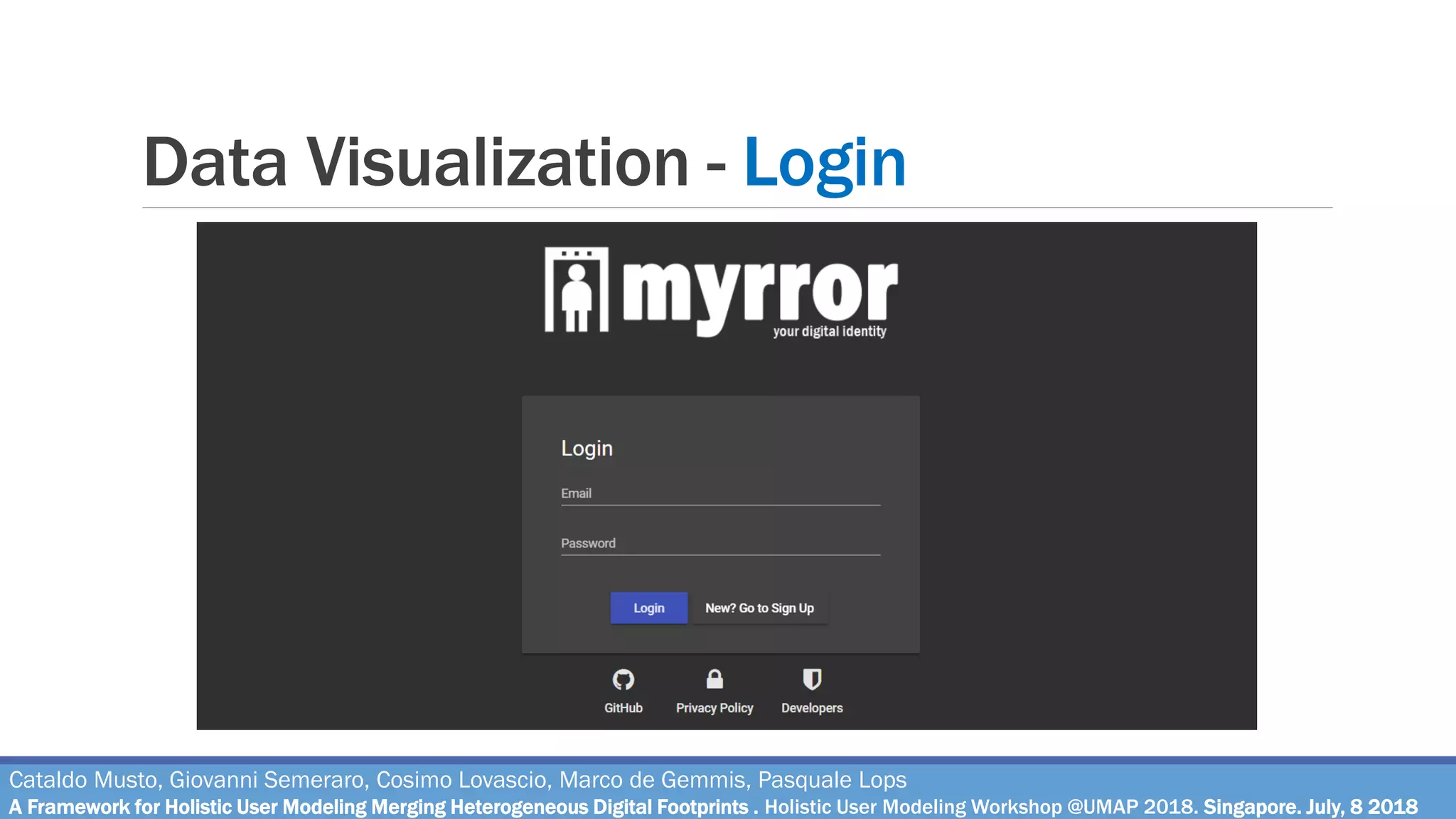 Data Visualization - Login
Cataldo Musto, Giovanni Semeraro, Cosimo Lovascio, Marco de Gemmis, Pasquale Lops
A Framework for Holistic User Modeling Merging Heterogeneous Digital Footprints . Holistic User Modeling Workshop @UMAP 2018. Singapore. July, 8 2018
 