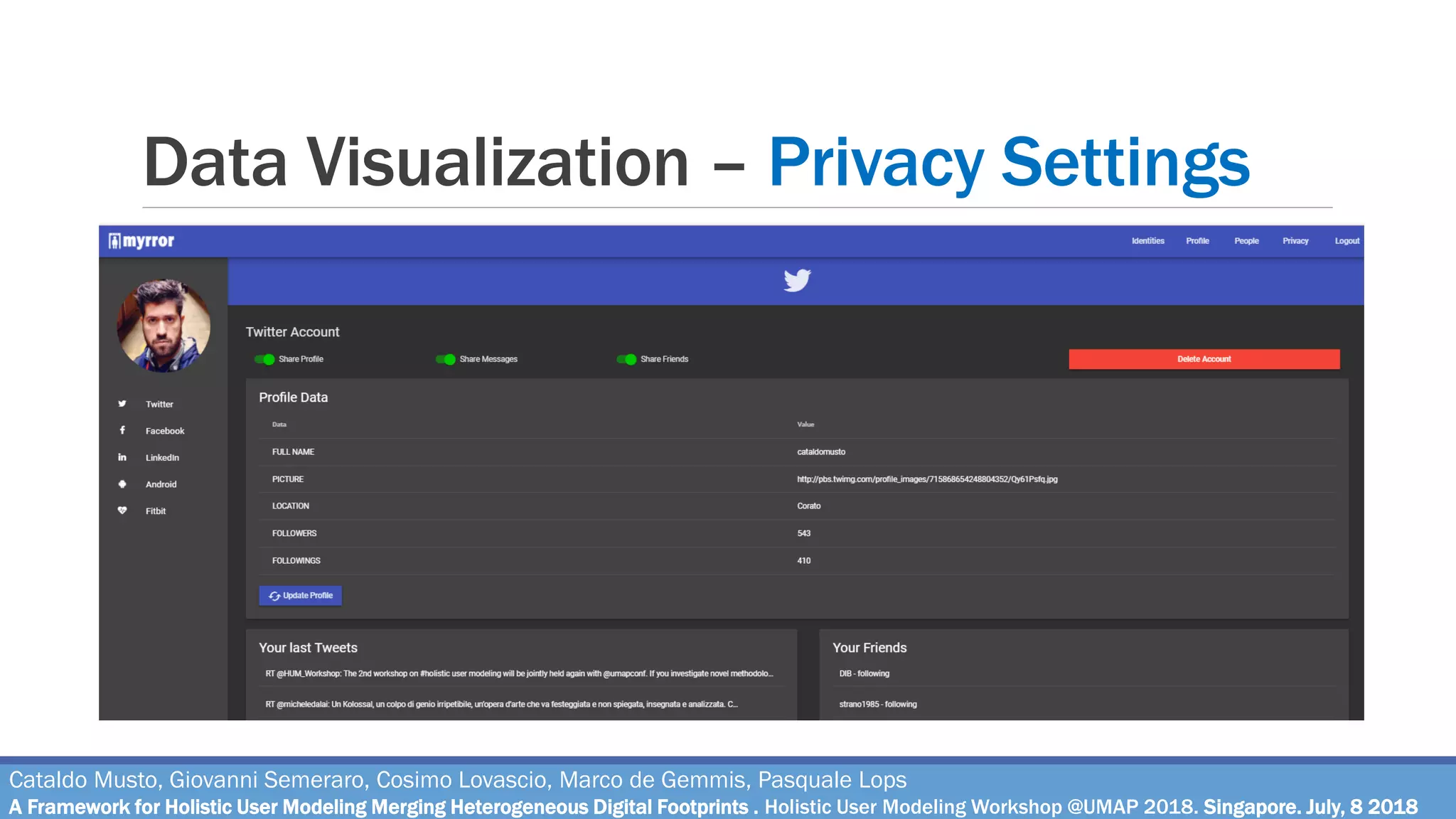 Data Visualization – Privacy Settings
Cataldo Musto, Giovanni Semeraro, Cosimo Lovascio, Marco de Gemmis, Pasquale Lops
A Framework for Holistic User Modeling Merging Heterogeneous Digital Footprints . Holistic User Modeling Workshop @UMAP 2018. Singapore. July, 8 2018
 