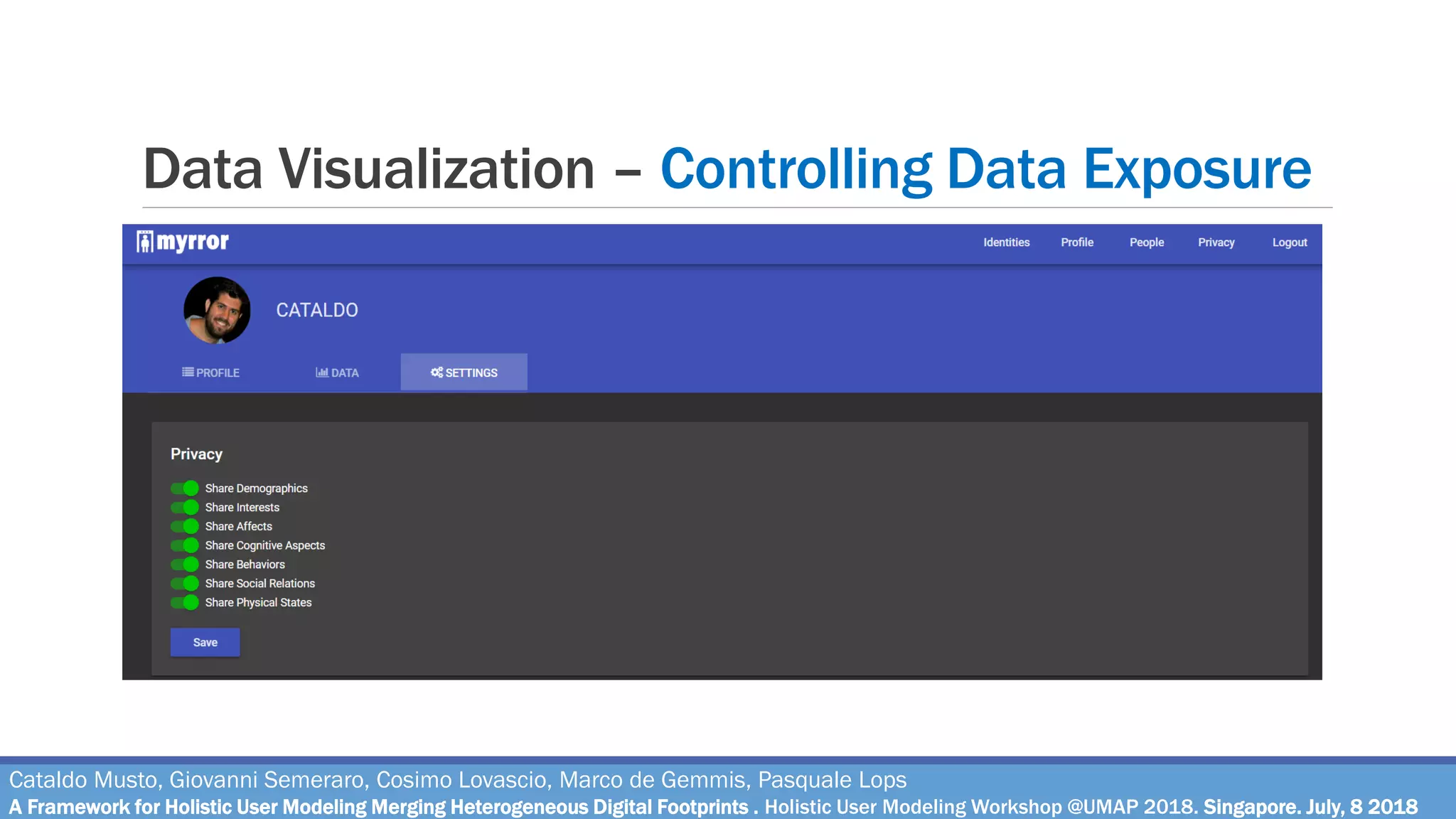 Data Visualization – Controlling Data Exposure
Cataldo Musto, Giovanni Semeraro, Cosimo Lovascio, Marco de Gemmis, Pasquale Lops
A Framework for Holistic User Modeling Merging Heterogeneous Digital Footprints . Holistic User Modeling Workshop @UMAP 2018. Singapore. July, 8 2018
 