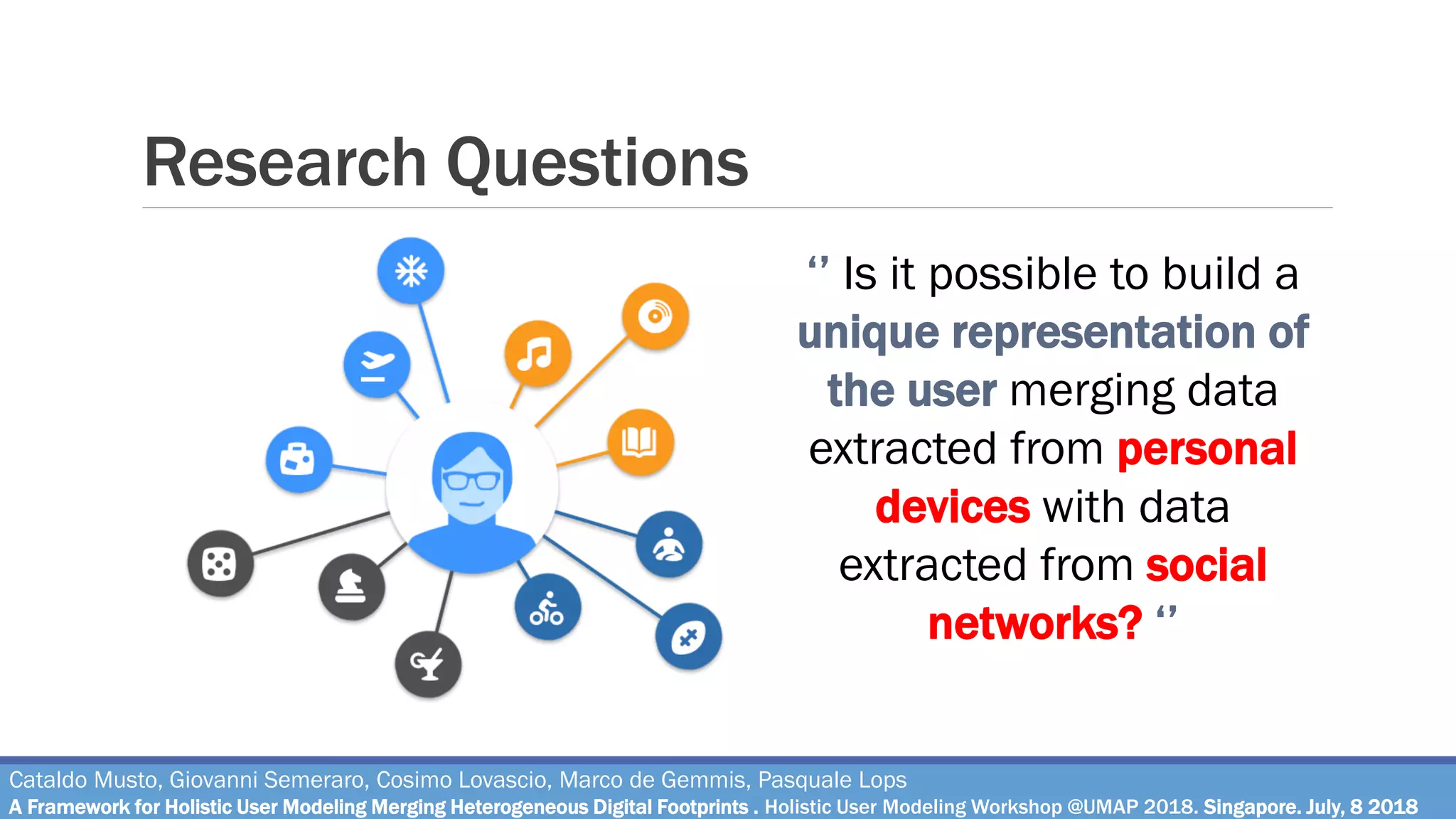 Research Questions
Cataldo Musto, Giovanni Semeraro, Cosimo Lovascio, Marco de Gemmis, Pasquale Lops
A Framework for Holistic User Modeling Merging Heterogeneous Digital Footprints . Holistic User Modeling Workshop @UMAP 2018. Singapore. July, 8 2018
‘’ Is it possible to build a
unique representation of
the user merging data
extracted from personal
devices with data
extracted from social
networks? ‘’
 