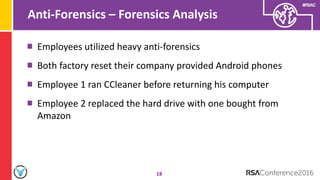 #RSAC
Anti-Forensics – Forensics Analysis
18
Employees utilized heavy anti-forensics
Both factory reset their company provided Android phones
Employee 1 ran CCleaner before returning his computer
Employee 2 replaced the hard drive with one bought from
Amazon
 