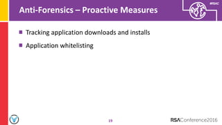 #RSAC
Anti-Forensics – Proactive Measures
19
Tracking application downloads and installs
Application whitelisting
 