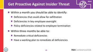 #RSAC
Get Proactive Against Insider Threat
22
Within a month you should be able to identify:
Deficiencies that could allow for exfiltration
Deficiencies in key employee oversight
Policy deficiencies related to employee termination
Within three months be able to:
Remediate critical deficiencies
Have a working plan to remediate all deficiencies
 