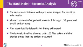 #RSAC
The Bank Heist – Forensic Analysis
8
File servers and internal web apps were scraped for sensitive
information
Moved data out of organization control through USB, personal
email, and printing
Files were locally deleted after being exfiltrated
The forensic timeline showed over 100 files taken and the
precise times that the actions occurred
 