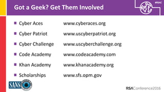 Presenter’s Company
Logo – replace on
master slide
#RSAC
Got a Geek? Get Them Involved
Cyber Aces www.cyberaces.org
Cyber Patriot www.uscyberpatriot.org
Cyber Challenge www.uscyberchallenge.org
Code Academy www.codeacademy.com
Khan Academy www.khanacademy.org
Scholarships www.sfs.opm.gov
 