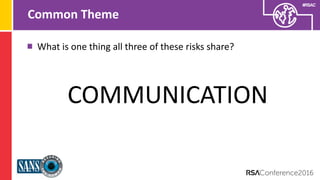 Presenter’s Company
Logo – replace on
master slide
#RSAC
Common Theme
What is one thing all three of these risks share?
COMMUNICATION
8
 