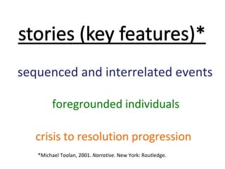 sequenced and interrelated events *Michael Toolan, 2001.  Narrative.  New York: Routledge . foregrounded individuals crisis to resolution progression 