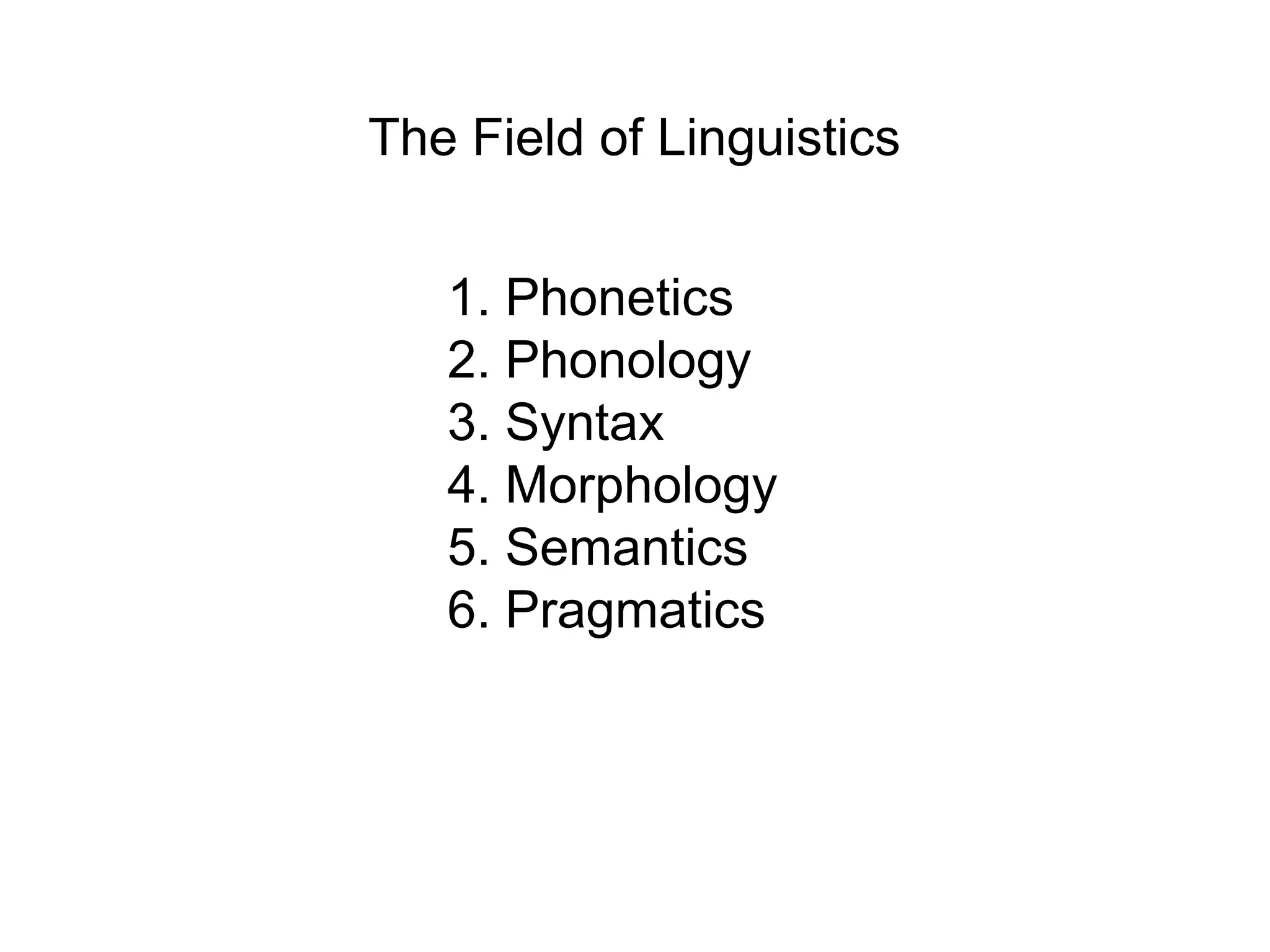 The Field of Linguistics


   1. Phonetics
   2. Phonology
   3. Syntax
   4. Morphology
   5. Semantics
   6. Pragmatics
 