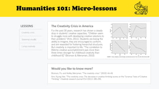 Humanities 101: Micro-lessons
LESSONS
Creativity crisis
Speaking visually
Living creatively
The Creativity Crisis in America
Would you like to know more?
Bronson, Po, and Ashley Merryman. "The creativity crisis." (2010): 44-49.
Kim, Kyung Hee. "The creativity crisis: The decrease in creative thinking scores on the Torrance Tests of Creative
Thinking." Creativity research journal 23.4 (2011): 285-295.
For the past 30 years, research has shown a steady
drop in students’ creative capacities. “Children seem
to struggle more with developing creative solutions to
their problems” (Kim, 2011). Students are losing the
ability to imagine, they are encouraged to conform,
and are rewarded for fostering hierarchal structures.
But creativity is important to life. “The correlation to
lifetime creative accomplishment was more than
three times stronger for childhood creativity than
childhood IQ” (Bronson & Merryman, 2010).
 