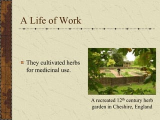 A Life of Work



 They cultivated herbs
 for medicinal use.



                         A recreated 12th century herb
                         garden in Cheshire, England
 