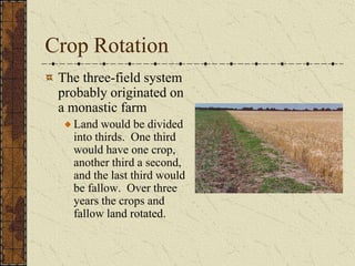 Crop Rotation
 The three-field system
 probably originated on
 a monastic farm
   Land would be divided
   into thirds. One third
   would have one crop,
   another third a second,
   and the last third would
   be fallow. Over three
   years the crops and
   fallow land rotated.
 