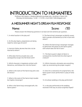 INTRODUCTION TO HUMANITIES 
Professor Will Adams • Wadams5@valenciacollege.edu • Building 2, Room 232 
Mondays & Wednesdays, 12:00 – 1:15 PM • hum1020-1200.blogspot.com 
A MIDSUMMER NIGHT’S DREAM FILM RESPONSE 
Name: Score: /30 
Please answer the following questions in at least one full sentence per question. 
1. In what location is the play set? 
2. As the play begins, preparations are being 
made for what type of event? 
3. Hermia’s father decrees that she is to be 
married to whom? 
4. Who does Hermia actually love, and 
consequently escape into the forest with? 
5. Which character is hopelessly smitten with 
Demetrius, and follows him into the forest? 
6. What is the name of the faerie king who rules 
the forest? 
7. What is the name of the faerie king’s lovable 
but hapless messenger? 
8. Who is the faerie king’s estranged wife, the 
faerie queen? 
9. The faerie king’s messenger accidently causes 
both Lysander and Demetrius to fall in love with 
whom? 
10. When the faerie king’s messenger manages 
to administer the potion to the faerie queen, 
with whom does she fall in love? 
11. The faerie queen’s object of desire is 
consequently transformed into what type of 
creature? 
12. Which character ultimately sets everything 
right, by reconnecting the proper couples? 
13. Once he is restored to his original form, the 
faerie queen’s lover performed in a play of what 
title? 
14. At whose wedding is the play performed? 
15. Is the play performed at the wedding 
received in the way its actors originally hoped? 
