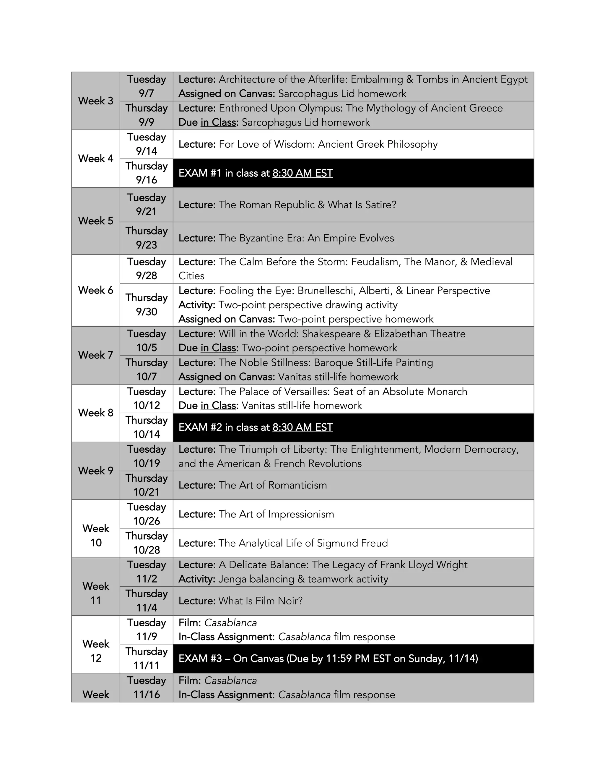 Week 3
Tuesday
9/7
Lecture: Architecture of the Afterlife: Embalming & Tombs in Ancient Egypt
Assigned on Canvas: Sarcophagus Lid homework
Thursday
9/9
Lecture: Enthroned Upon Olympus: The Mythology of Ancient Greece
Due in Class: Sarcophagus Lid homework
Week 4
Tuesday
9/14
Lecture: For Love of Wisdom: Ancient Greek Philosophy
Thursday
9/16
EXAM #1 in class at 8:30 AM EST
Week 5
Tuesday
9/21
Lecture: The Roman Republic & What Is Satire?
Thursday
9/23
Lecture: The Byzantine Era: An Empire Evolves
Week 6
Tuesday
9/28
Lecture: The Calm Before the Storm: Feudalism, The Manor, & Medieval
Cities
Thursday
9/30
Lecture: Fooling the Eye: Brunelleschi, Alberti, & Linear Perspective
Activity: Two-point perspective drawing activity
Assigned on Canvas: Two-point perspective homework
Week 7
Tuesday
10/5
Lecture: Will in the World: Shakespeare & Elizabethan Theatre
Due in Class: Two-point perspective homework
Thursday
10/7
Lecture: The Noble Stillness: Baroque Still-Life Painting
Assigned on Canvas: Vanitas still-life homework
Week 8
Tuesday
10/12
Lecture: The Palace of Versailles: Seat of an Absolute Monarch
Due in Class: Vanitas still-life homework
Thursday
10/14
EXAM #2 in class at 8:30 AM EST
Week 9
Tuesday
10/19
Lecture: The Triumph of Liberty: The Enlightenment, Modern Democracy,
and the American & French Revolutions
Thursday
10/21
Lecture: The Art of Romanticism
Week
10
Tuesday
10/26
Lecture: The Art of Impressionism
Thursday
10/28
Lecture: The Analytical Life of Sigmund Freud
Week
11
Tuesday
11/2
Lecture: A Delicate Balance: The Legacy of Frank Lloyd Wright
Activity: Jenga balancing & teamwork activity
Thursday
11/4
Lecture: What Is Film Noir?
Week
12
Tuesday
11/9
Film: Casablanca
In-Class Assignment: Casablanca film response
Thursday
11/11
EXAM #3 – On Canvas (Due by 11:59 PM EST on Sunday, 11/14)
Week
Tuesday
11/16
Film: Casablanca
In-Class Assignment: Casablanca film response
 