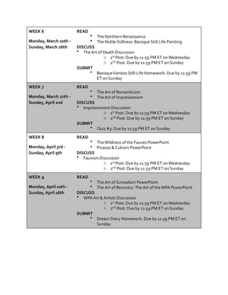 WEEK	6	
Monday,	March	20th	-	
Sunday,	March	26th	
READ	
• The	Northern	Renaissance	
• The	Noble	Stillness:	Baroque	Still	Life	Painting	
DISCUSS	
• The	Art	of	Death	Discussion	
o 1st	Post:	Due	by	11:59	PM	ET	on	Wednesday	
o 2nd	Post:	Due	by	11:59	PM	ET	on	Sunday	
SUBMIT	
• Baroque	Vanitas	Still-Life	Homework:	Due	by	11:59	PM	
ET	on	Sunday
WEEK	7	
Monday,	March	27th	-	
Sunday,	April	2nd	
READ	
• The	Art	of	Romanticism	
• The	Art	of	Impressionism	
DISCUSS	
• Impressionism	Discussion	
o 1st	Post:	Due	by	11:59	PM	ET	on	Wednesday	
o 2nd	Post:	Due	by	11:59	PM	ET	on	Sunday	
SUBMIT	
• Quiz	#3:	Due	by	11:59	PM	ET	on	Sunday
WEEK	8	
Monday,	April	3rd	-	
Sunday,	April	9th
READ	
• The	Wildness	of	the	Fauves	PowerPoint	
• Picasso	&	Cubism	PowerPoint	
DISCUSS	
• Fauvism	Discussion	
o 1st	Post:	Due	by	11:59	PM	ET	on	Wednesday	
o 2nd	Post:	Due	by	11:59	PM	ET	on	Sunday
WEEK	9	
Monday,	April	10th	-	
Sunday,	April	16th
READ	
• The	Art	of	Surrealism	PowerPoint	
• The	Art	of	Recovery:	The	Art	of	the	WPA	PowerPoint	
DISCUSS	
• WPA	Art	&	Artists	Discussion	
o 1st	Post:	Due	by	11:59	PM	ET	on	Wednesday	
o 2nd	Post:	Due	by	11:59	PM	ET	on	Sunday	
SUBMIT	
• Dream	Diary	Homework:	Due	by	11:59	PM	ET	on	
Sunday
 