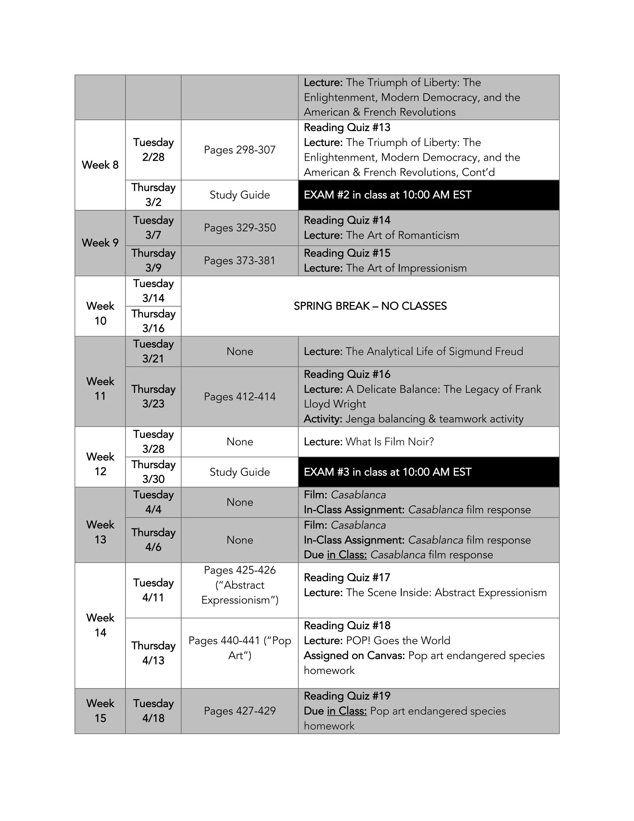 Lecture: The Triumph of Liberty: The
Enlightenment, Modern Democracy, and the
American & French Revolutions
Week 8
Tuesday
2/28
Pages 298-307
Reading Quiz #13
Lecture: The Triumph of Liberty: The
Enlightenment, Modern Democracy, and the
American & French Revolutions, Cont’d
Thursday
3/2
Study Guide EXAM #2 in class at 10:00 AM EST
Week 9
Tuesday
3/7
Pages 329-350
Reading Quiz #14
Lecture: The Art of Romanticism
Thursday
3/9
Pages 373-381
Reading Quiz #15
Lecture: The Art of Impressionism
Week
10
Tuesday
3/14
SPRING BREAK – NO CLASSES
Thursday
3/16
Week
11
Tuesday
3/21
None Lecture: The Analytical Life of Sigmund Freud
Thursday
3/23
Pages 412-414
Reading Quiz #16
Lecture: A Delicate Balance: The Legacy of Frank
Lloyd Wright
Activity: Jenga balancing & teamwork activity
Week
12
Tuesday
3/28
None Lecture: What Is Film Noir?
Thursday
3/30
Study Guide EXAM #3 in class at 10:00 AM EST
Week
13
Tuesday
4/4
None
Film: Casablanca
In-Class Assignment: Casablanca film response
Thursday
4/6
None
Film: Casablanca
In-Class Assignment: Casablanca film response
Due in Class: Casablanca film response
Week
14
Tuesday
4/11
Pages 425-426
(“Abstract
Expressionism”)
Reading Quiz #17
Lecture: The Scene Inside: Abstract Expressionism
Thursday
4/13
Pages 440-441 (“Pop
Art”)
Reading Quiz #18
Lecture: POP! Goes the World
Assigned on Canvas: Pop art endangered species
homework
Week
15
Tuesday
4/18
Pages 427-429
Reading Quiz #19
Due in Class: Pop art endangered species
homework
 