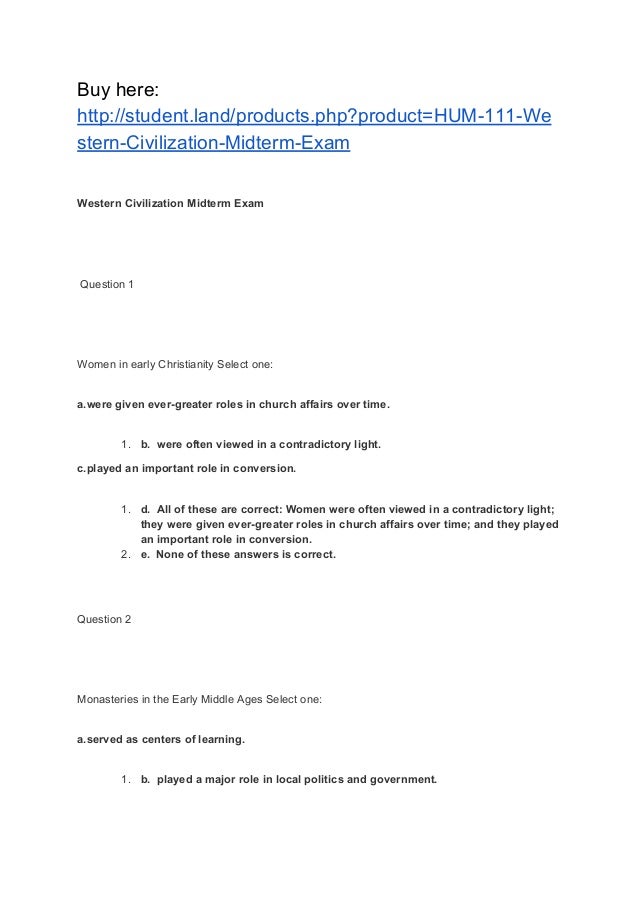HUM 111 Western Civilization Midterm Exam