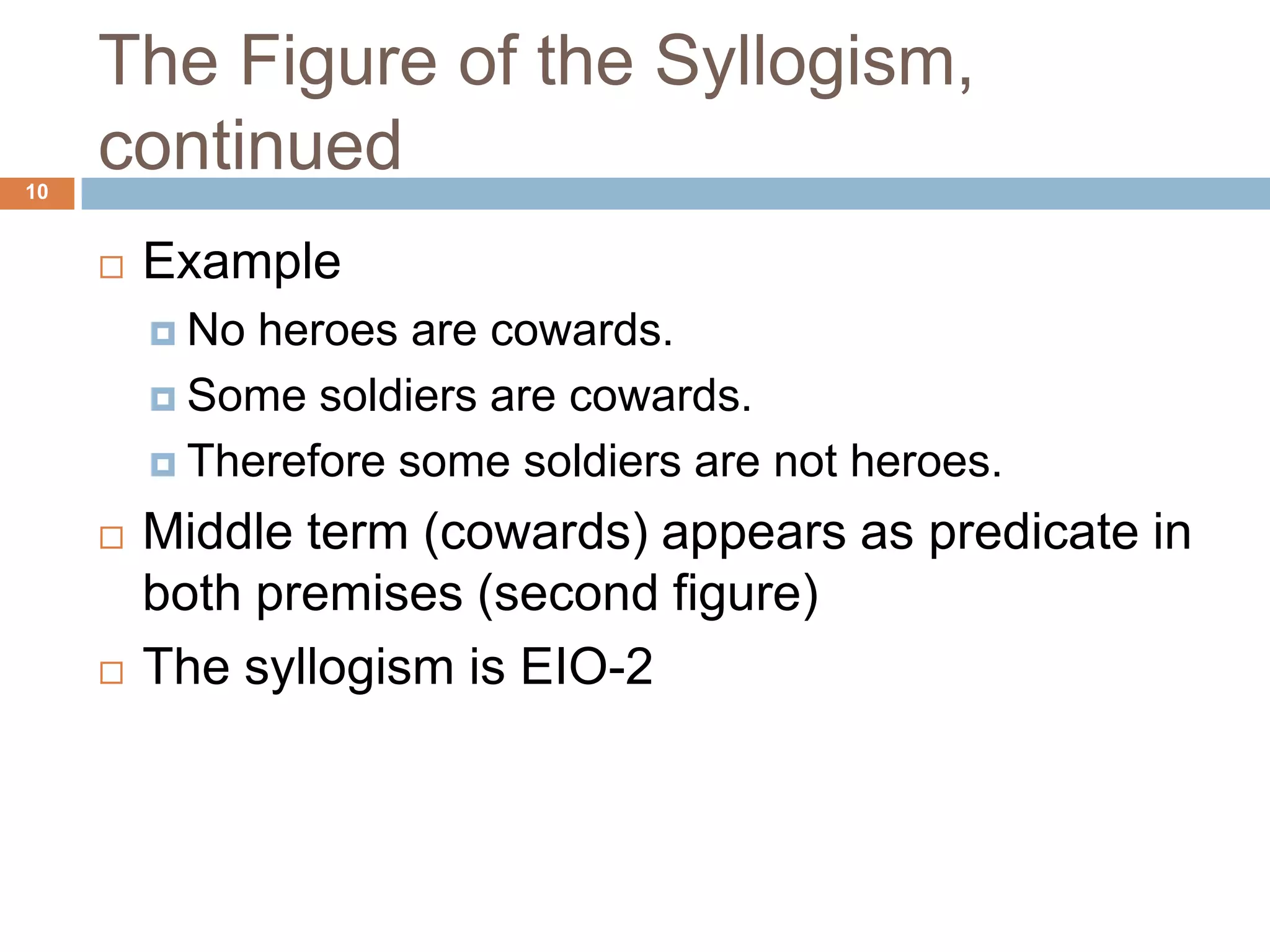 The Figure of the Syllogism, continued 10ExampleNo heroes are cowards.Some soldiers are cowards.Therefore some soldiers are not heroes.Middle term (cowards) appears as predicate in both premises (second figure)The syllogism is EIO-2
