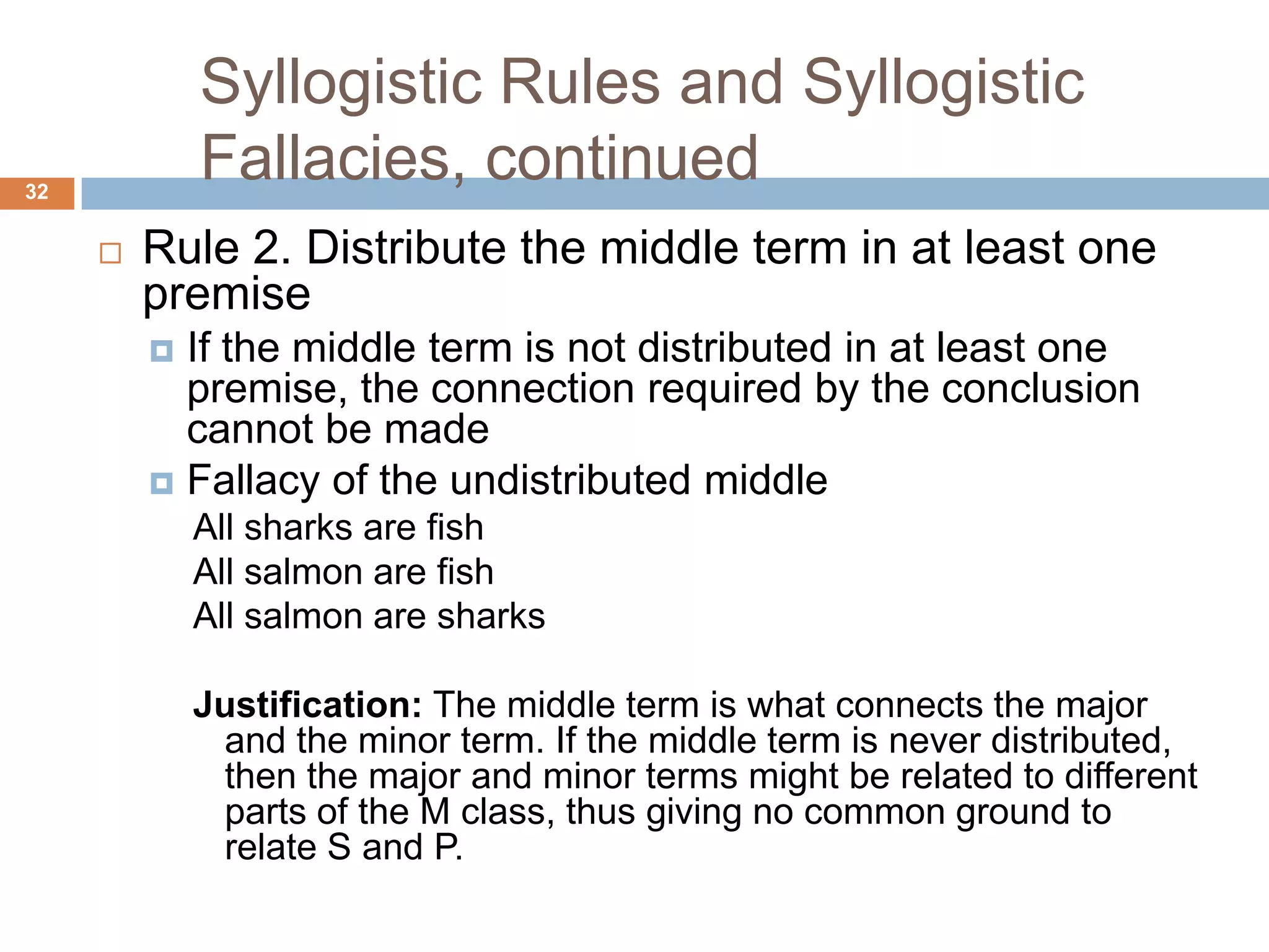 Syllogistic Rules and Syllogistic Fallacies, continued 32Rule 2. Distribute the middle term in at least one premiseIf the middle term is not distributed in at least one premise, the connection required by the conclusion cannot be made Fallacy of the undistributed middleAll sharks are fish All salmon are fish All salmon are sharks Justification: The middle term is what connects the major and the minor term. If the middle term is never distributed, then the major and minor terms might be related to different parts of the M class, thus giving no common ground to relate S and P. 