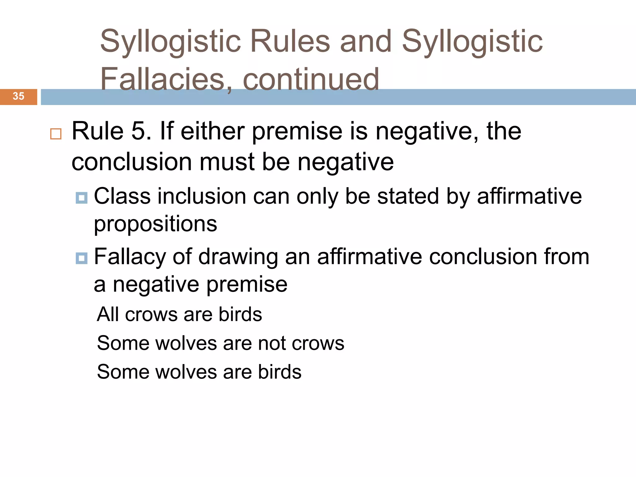 Syllogistic Rules and Syllogistic Fallacies, continued 35Rule 5. If either premise is negative, the conclusion must be negativeClass inclusion can only be stated by affirmative propositions Fallacy of drawing an affirmative conclusion from a negative premiseAll crows are birds Some wolves are not crows Some wolves are birds 