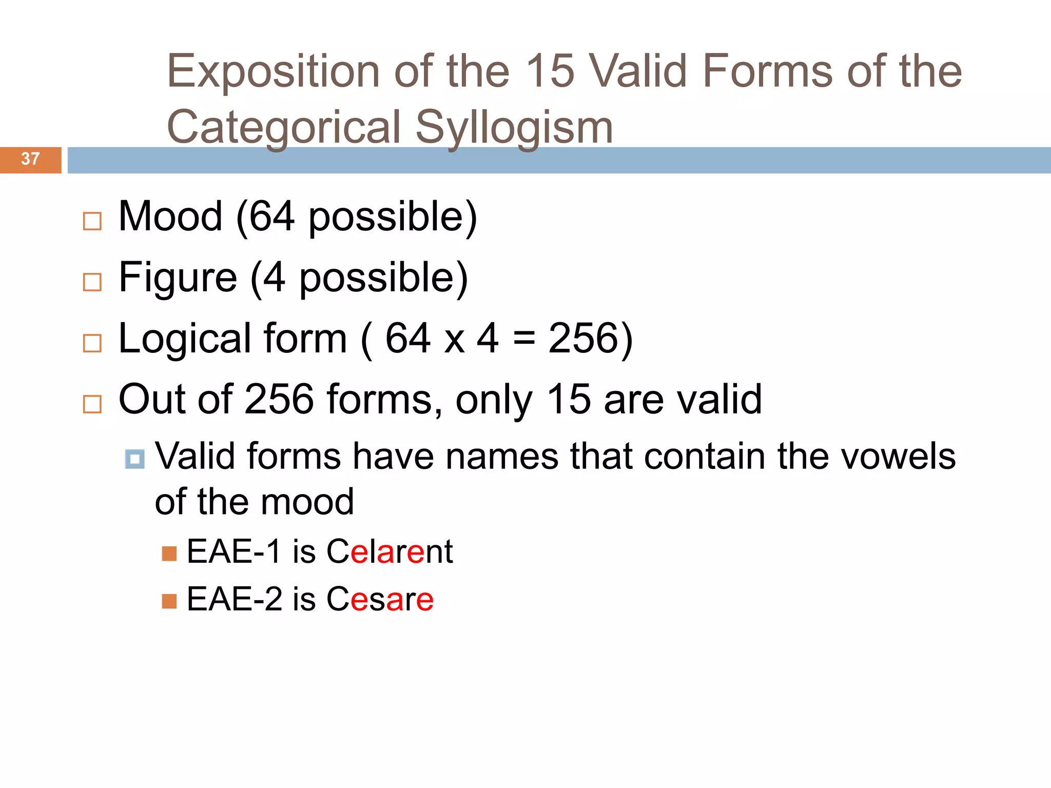 Exposition of the 15 Valid Forms of the Categorical Syllogism 37Mood (64 possible)Figure (4 possible)Logical form ( 64 x 4 = 256)Out of 256 forms, only 15 are validValid forms have names that contain the vowels of the moodEAE-1 is CelarentEAE-2 is Cesare