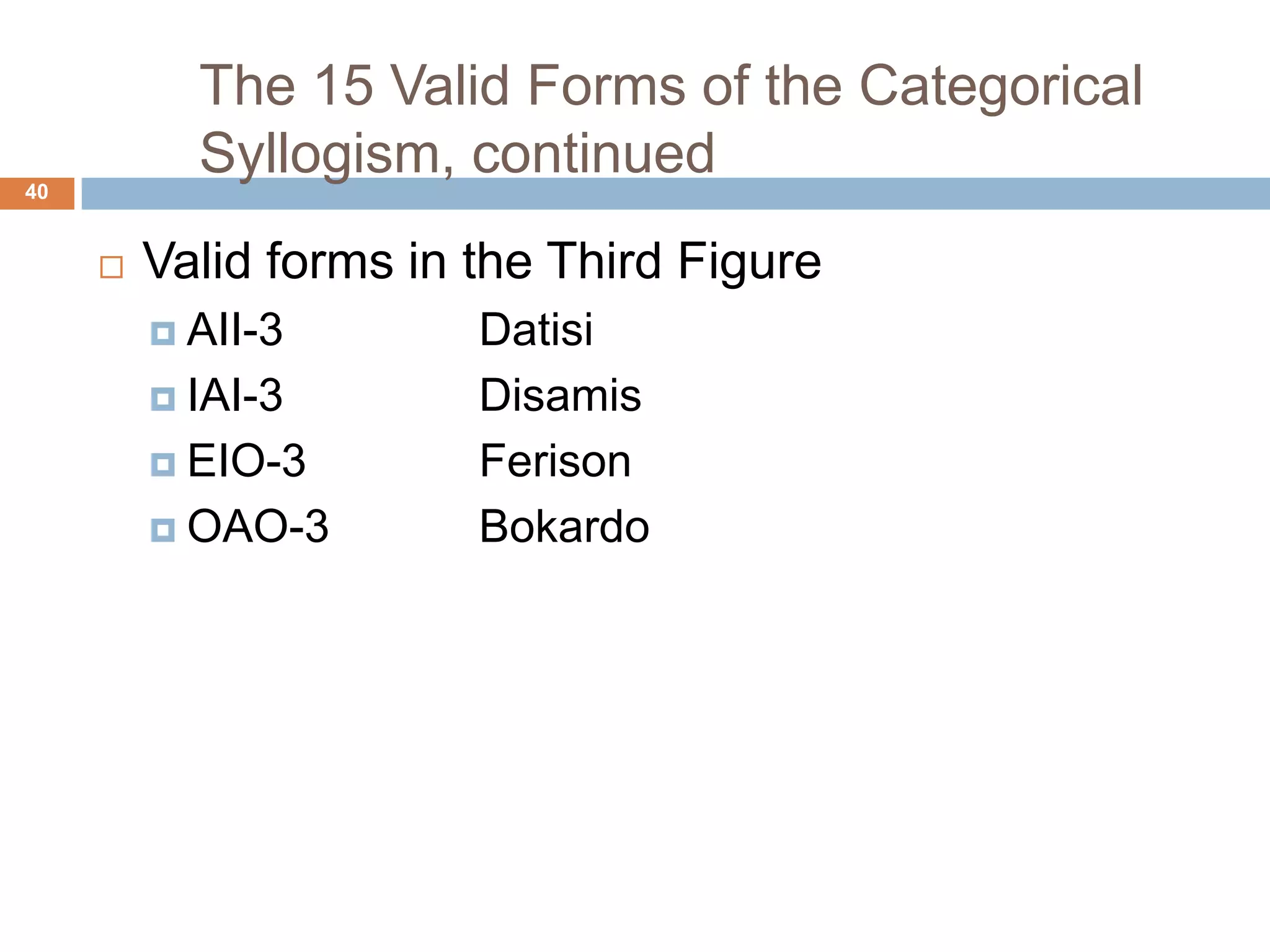 The 15 Valid Forms of the Categorical Syllogism, continued 40Valid forms in the Third FigureAII-3DatisiIAI-3DisamisEIO-3FerisonOAO-3Bokardo