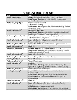 Class Meeting Schedule
Date	 Task	
Monday,	August	29th	 Activity:	Introduce	class,	distribute	and	discuss	syllabus.	
Read	for	next	class:	Pages	1	–	15	(Paleolithic	Culture	through	
Creation	Tales).	
Wednesday,	August	31st
	 Lecture:	Paleolithic	cave	art	
Activity:	Cave	painting		
Read	for	next	class:	Pages	16	–	61	(Mesopotamia	through	Western	
Sudan:	Nok	Culture).	
Monday,	September	5th
	 Labor	Day	–	NO	CLASS	
Read	for	next	class:	Pages	28	–	89	(Arts	in	Mesopotamia	through	
Reading	from	Thucydides’	Peloponnesian	Wars).	
Wednesday,	September	7th
	 Lecture:	The	earliest	ancient	written	languages	&	religion.		
Activity:	Translation	competition	
Monday,	September	12th
	 Lecture:	Embalming	&	Egyptian	funerary	architecture	
Homework:	Sarcophagus	lid	
Wednesday,	September	14th
	 Lecture:	The	Art	&	Culture	of	the	Ancient	Aegean	Civilizations	
Monday,	September	19th
	 EXAM	#1	
Wednesday,	September	21st
	 RESEARCH	PROJECTS	ASSIGNED	&	LIBRARY	VISIT	
Read	for	next	class:	Pages	89	–	99	(The	Olympic	Games	through	
Reading	from	Aristotle’s	Poetics).	
Monday,	September	26th
	 Lecture:	Greek	mythology		
Wednesday,	September	28th
	 Lecture:	Dionysus	&	Ancient	Greek	Theatre	
Monday,	October	3rd
	 Watch:	Medea	in	class	
Wednesday,	October	5th
	 Watch:	Medea	in	class	
Monday,	October	10th
	 NO	CLASS	
Read	for	next	class:	Pages	100	–	122	(Greek	Philosophy:	The	
Speculative	Leap	through	The	Classical	Ideal:	Male	and	Female).	
Wednesday,	October	12th
	 Lecture:	Ancient	Greek	Philosophy	
Monday,	October	17th
	 Lecture	vi	Blackboard:	Aristotle’s	Nichomachean	Ethics	
Deconstructed	
Read	for	next	class:	Pages	122	–	135	(Greek	Architecture:	The	
Parthenon	through	The	Diffusion	of	the	Classical	Style:	The	
Hellenistic	Age).	
Wednesday,	October	19th
		 EXAM	#2	
Monday,	October	24th
	 Lecture:	The	Classical	orders	&	the	great	temples	of	ancient	
Greece.	
Homework:	Classical	architecture	sketch	
Read	for	next	class:	Pages	137	–	158	(Rome:	The	Rise	to	Empire	
 