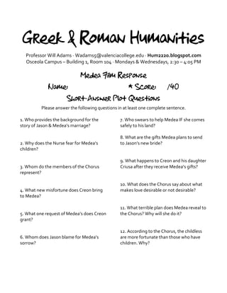 Greek & Roman Humanities
Professor	
  Will	
  Adams	
  ·∙	
  Wadams5@valenciacollege.edu	
  ·∙	
  Hum2220.blogspot.com	
  
Osceola	
  Campus	
  –	
  Building	
  1,	
  Room	
  104	
  ·∙	
  Mondays	
  &	
  Wednesdays,	
  2:30	
  –	
  4:05	
  PM	
  
	
  
Medea Film Response
Name: • Score: /40
Short-Answer Plot Questions
Please	
  answer	
  the	
  following	
  questions	
  in	
  at	
  least	
  one	
  complete	
  sentence.	
  
	
  
1.	
  Who	
  provides	
  the	
  background	
  for	
  the	
  
story	
  of	
  Jason	
  &	
  Medea’s	
  marriage?	
  
	
  
	
  
2.	
  Why	
  does	
  the	
  Nurse	
  fear	
  for	
  Medea’s	
  
children?	
  
	
  
	
  
3.	
  Whom	
  do	
  the	
  members	
  of	
  the	
  Chorus	
  
represent?	
  
	
  
	
  
4.	
  What	
  new	
  misfortune	
  does	
  Creon	
  bring	
  
to	
  Medea?	
  
	
  
	
  
5.	
  What	
  one	
  request	
  of	
  Medea’s	
  does	
  Creon	
  
grant?	
  
	
  
	
  
6.	
  Whom	
  does	
  Jason	
  blame	
  for	
  Medea’s	
  
sorrow?	
  
	
  
	
  
7.	
  Who	
  swears	
  to	
  help	
  Medea	
  IF	
  she	
  comes	
  
safely	
  to	
  his	
  land?	
  
	
  
8.	
  What	
  are	
  the	
  gifts	
  Medea	
  plans	
  to	
  send	
  
to	
  Jason’s	
  new	
  bride?	
  
	
  
	
  
9.	
  What	
  happens	
  to	
  Creon	
  and	
  his	
  daughter	
  
Criusa	
  after	
  they	
  receive	
  Medea’s	
  gifts?	
  
	
  
	
  
10.	
  What	
  does	
  the	
  Chorus	
  say	
  about	
  what	
  
makes	
  love	
  desirable	
  or	
  not	
  desirable?	
  
	
  
	
  
11.	
  What	
  terrible	
  plan	
  does	
  Medea	
  reveal	
  to	
  
the	
  Chorus?	
  Why	
  will	
  she	
  do	
  it?	
  
	
  
	
  
12.	
  According	
  to	
  the	
  Chorus,	
  the	
  childless	
  
are	
  more	
  fortunate	
  than	
  those	
  who	
  have	
  
children.	
  Why?	
  
	
  
	
  
 