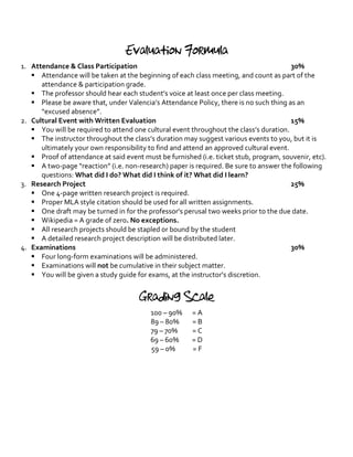 Evaluation Formula
1. Attendance & Class Participation 30%
§ Attendance will be taken at the beginning of each class meeting, and count as part of the
attendance & participation grade.
§ The professor should hear each student’s voice at least once per class meeting.
§ Please be aware that, under Valencia’s Attendance Policy, there is no such thing as an
“excused absence”.
2. Cultural Event with Written Evaluation 15%
§ You will be required to attend one cultural event throughout the class’s duration.
§ The instructor throughout the class’s duration may suggest various events to you, but it is
ultimately your own responsibility to find and attend an approved cultural event.
§ Proof of attendance at said event must be furnished (i.e. ticket stub, program, souvenir, etc).
§ A two-page “reaction” (i.e. non-research) paper is required. Be sure to answer the following
questions: What did I do? What did I think of it? What did I learn?
3. Research Project 25%
§ One 4-page written research project is required.
§ Proper MLA style citation should be used for all written assignments.
§ One draft may be turned in for the professor’s perusal two weeks prior to the due date.
§ Wikipedia = A grade of zero. No exceptions.
§ All research projects should be stapled or bound by the student
§ A detailed research project description will be distributed later.
4. Examinations 30%
§ Four long-form examinations will be administered.
§ Examinations will not be cumulative in their subject matter.
§ You will be given a study guide for exams, at the instructor’s discretion.
Grading Scale
100 – 90% = A
89 – 80% = B
79 – 70% = C
69 – 60% = D
59 – 0% = F
 