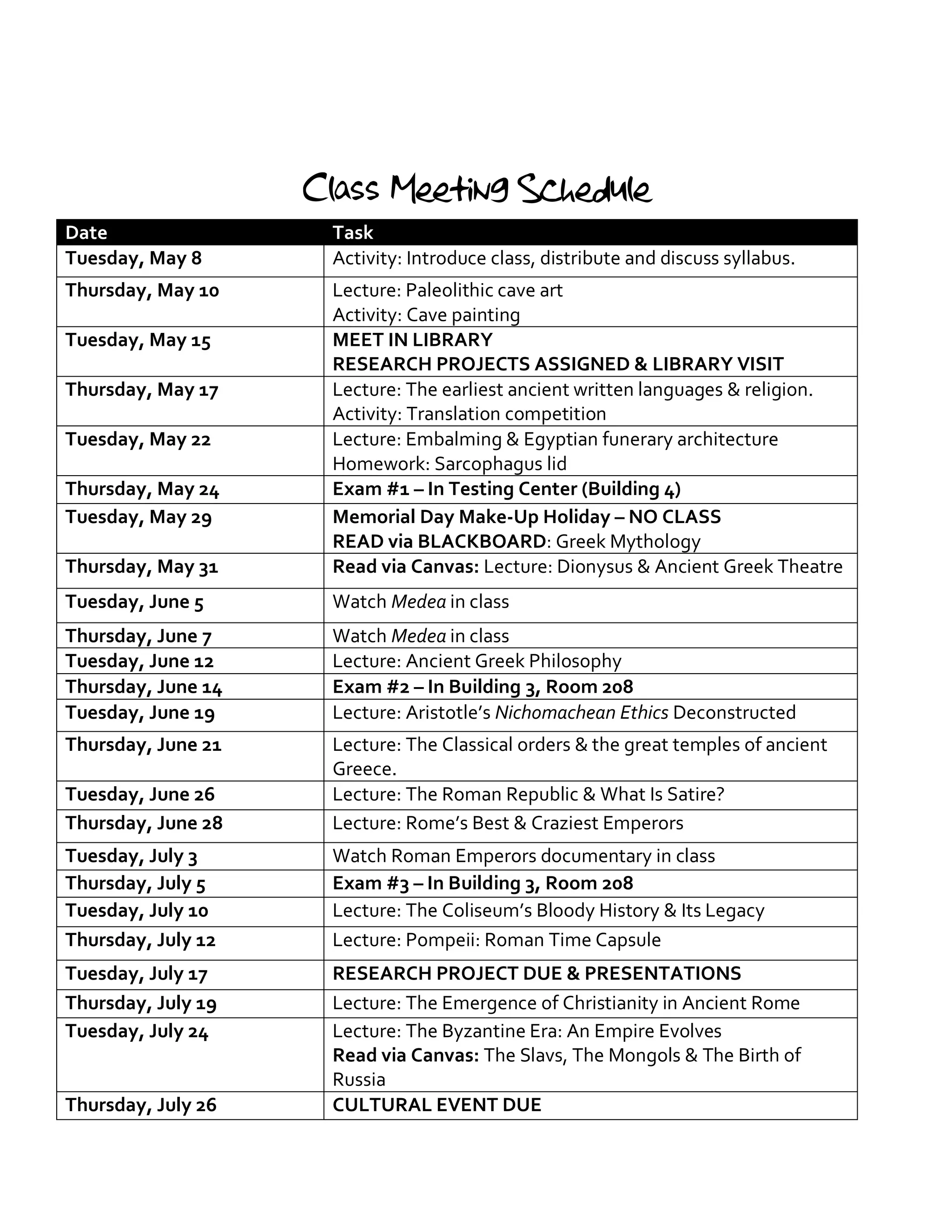Class Meeting Schedule
Date Task
Tuesday, May 8 Activity: Introduce class, distribute and discuss syllabus.
Thursday, May 10 Lecture: Paleolithic cave art
Activity: Cave painting
Tuesday, May 15 MEET IN LIBRARY
RESEARCH PROJECTS ASSIGNED & LIBRARY VISIT
Thursday, May 17 Lecture: The earliest ancient written languages & religion.
Activity: Translation competition
Tuesday, May 22 Lecture: Embalming & Egyptian funerary architecture
Homework: Sarcophagus lid
Thursday, May 24 Exam #1 – In Testing Center (Building 4)
Tuesday, May 29 Memorial Day Make-Up Holiday – NO CLASS
READ via BLACKBOARD: Greek Mythology
Thursday, May 31 Read via Canvas: Lecture: Dionysus & Ancient Greek Theatre
Tuesday, June 5 Watch Medea in class
Thursday, June 7 Watch Medea in class
Tuesday, June 12 Lecture: Ancient Greek Philosophy
Thursday, June 14 Exam #2 – In Building 3, Room 208
Tuesday, June 19 Lecture: Aristotle’s Nichomachean Ethics Deconstructed
Thursday, June 21 Lecture: The Classical orders & the great temples of ancient
Greece.
Tuesday, June 26 Lecture: The Roman Republic & What Is Satire?
Thursday, June 28 Lecture: Rome’s Best & Craziest Emperors
Tuesday, July 3 Watch Roman Emperors documentary in class
Thursday, July 5 Exam #3 – In Building 3, Room 208
Tuesday, July 10 Lecture: The Coliseum’s Bloody History & Its Legacy
Thursday, July 12 Lecture: Pompeii: Roman Time Capsule
Tuesday, July 17 RESEARCH PROJECT DUE & PRESENTATIONS
Thursday, July 19 Lecture: The Emergence of Christianity in Ancient Rome
Tuesday, July 24 Lecture: The Byzantine Era: An Empire Evolves
Read via Canvas: The Slavs, The Mongols & The Birth of
Russia
Thursday, July 26 CULTURAL EVENT DUE
 