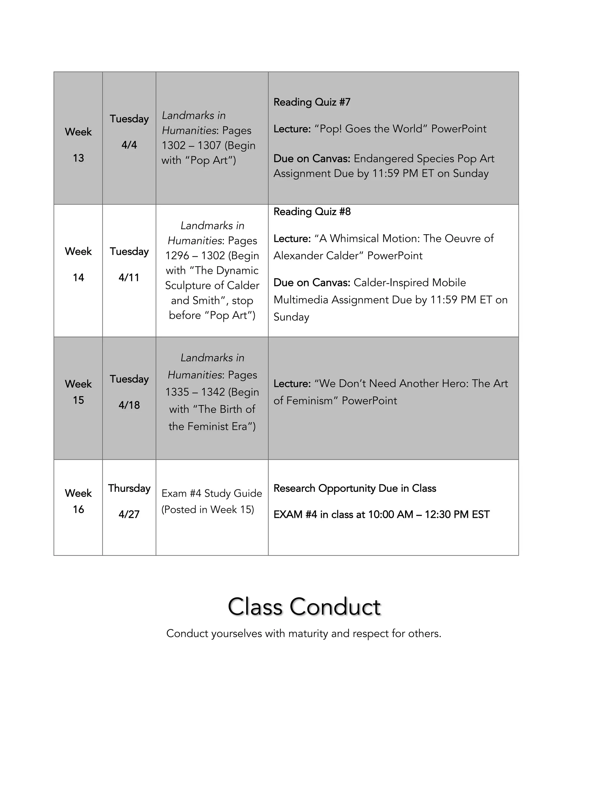 Week
13
Tuesday
4/4
Landmarks in
Humanities: Pages
1302 – 1307 (Begin
with “Pop Art”)
Reading Quiz #7
Lecture: “Pop! Goes the World” PowerPoint
Due on Canvas: Endangered Species Pop Art
Assignment Due by 11:59 PM ET on Sunday
Week
14
Tuesday
4/11
Landmarks in
Humanities: Pages
1296 – 1302 (Begin
with “The Dynamic
Sculpture of Calder
and Smith”, stop
before “Pop Art”)
Reading Quiz #8
Lecture: “A Whimsical Motion: The Oeuvre of
Alexander Calder” PowerPoint
Due on Canvas: Calder-Inspired Mobile
Multimedia Assignment Due by 11:59 PM ET on
Sunday
Week
15
Tuesday
4/18
Landmarks in
Humanities: Pages
1335 – 1342 (Begin
with “The Birth of
the Feminist Era”)
Lecture: “We Don’t Need Another Hero: The Art
of Feminism” PowerPoint
Week
16
Thursday
4/27
Exam #4 Study Guide
(Posted in Week 15)
Research Opportunity Due in Class
EXAM #4 in class at 10:00 AM – 12:30 PM EST
Class Conduct
Conduct yourselves with maturity and respect for others.
 