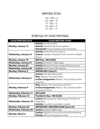 Grading Scale
100 – 90% = A
89 – 80% = B
79 – 70% = C
69 – 60% = D
59 – 0% = F
Schedule of Class Meetings
CLASS MEETING DATE CLASS MEETING TASKS
Monday, January 12
Activity: Introduce class
Activity: Distribute & discuss syllabus
Homework: Proust Questionnaire homework
Wednesday, January 14
Activity: Share Proust homework
Lecture: Joseph Campbell’s Four Functions of Myth
lecture
Monday, January 19 MLK Day – NO CLASS
Wednesday, January 21 Lecture: Symbols in Mythology
Monday, January 26 Activity: Research Project assigned & Library visit
Wednesday, January 28 Lecture: Mythological Archetypes
Monday, February 2 IMPORTANT: Exam #1
Wednesday, February 4
Lecture: The Hero Monomyth
Film: Atlantis: The Lost Empire
In-Class Assignment: Atlantis: The Lost Empire film
response
Monday, February 9
Film: Atlantis: The Lost Empire (Cont’d)
In-Class Assignment: Atlantis: The Lost Empire film
response (Cont’d)
Wednesday, February 11 NO CLASS
Monday, February 16 President’s Day – NO CLASS
Wednesday, February 18
Lecture: Mesopotamian Mythology & The Epic of
Gilgamesh
Activity: Cuneiform translation contest
Monday, February 23 IMPORTANT: MIDTERM EXAM (Exam #2)
Wednesday, February 25 Lecture: Egyptian Mythology
Monday, March 2
Lecture: Egyptian Funerary Practices & Embalming
Activity: Mummy Wrapping Contest
 