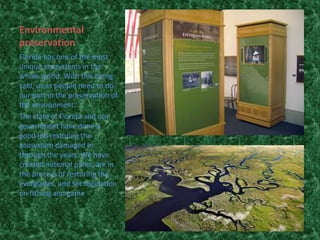 Environmental
preservation
Florida has one of the most
unique ecosystems in the
whole world. With this being
said, us as people need to do
our part in the preservation of
the environment.
The state of Florida and our
government have done a
good job restoring the
ecosystem damaged in
through the years. We have
created national parks, are in
the process of restoring the
everglades, and set regulation
on fishing and game
 