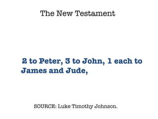 SOURCE: Luke Timothy Johnson.  2 to Peter, 3 to John, 1 each to James and Jude, The New Testament 