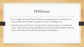 Différance
• For example, the word "house" derives its meaning more as a function of
how it differs from "shed", "mansion", "hotel", "building", etc.
• than how the word "house" may be tied to a certain image of a traditional
house with each term being established in reciprocal determination with the
other terms than by an ostensive description or definition
 