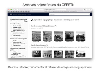 Archives scientiﬁques du CFEETK
Besoins : stocker, documenter et diffuser des corpus iconographiques
 