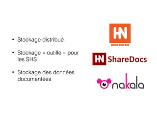 • Stockage distribué
• Stockage « outillé » pour
les SHS
• Stockage des données
documentées
ShareDocs
Huma-Num Box
 