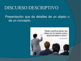DISCURSO DESCRIPTIVOPresentación que da detalles de un objeto o de un concepto.