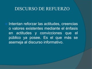 DISCURSO DE REFUERZOIntentan reforzar las actitudes, creencias o valores existentes mediante el énfasis en actitudes y convicciones que el público ya posee. Es el que más se asemeja al discurso informativo.