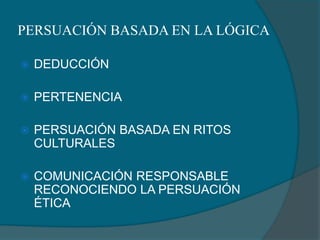 PERSUACIÓN BASADA EN LA LÓGICADEDUCCIÓNPERTENENCIAPERSUACIÓN BASADA EN RITOS CULTURALESCOMUNICACIÓN RESPONSABLE RECONOCIENDO LA PERSUACIÓN ÉTICA