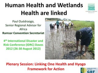 Human Health and Wetlands
     Health are linked
       Paul Ouédraogo,
  Senior Regional Advisor for
            Africa
Ramsar Convention Secretariat

4th International Disaster and
Risk Conference (IDRC) Davos
  2012 (26-30 August 2012)



  Plenary Session: Linking One Health and Hyogo
              Framework for Action
 