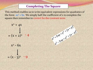 = (x + 2)2
= (x - 3)2
x2 + 4x
x2 - 6x
Completing The Square
This method enables us to write equivalent expressions for quadratics of
the form ax2 + bx. We simply half the coefficient of x to complete the
square then remember to correct for the constant term.
- 4
- 9
 