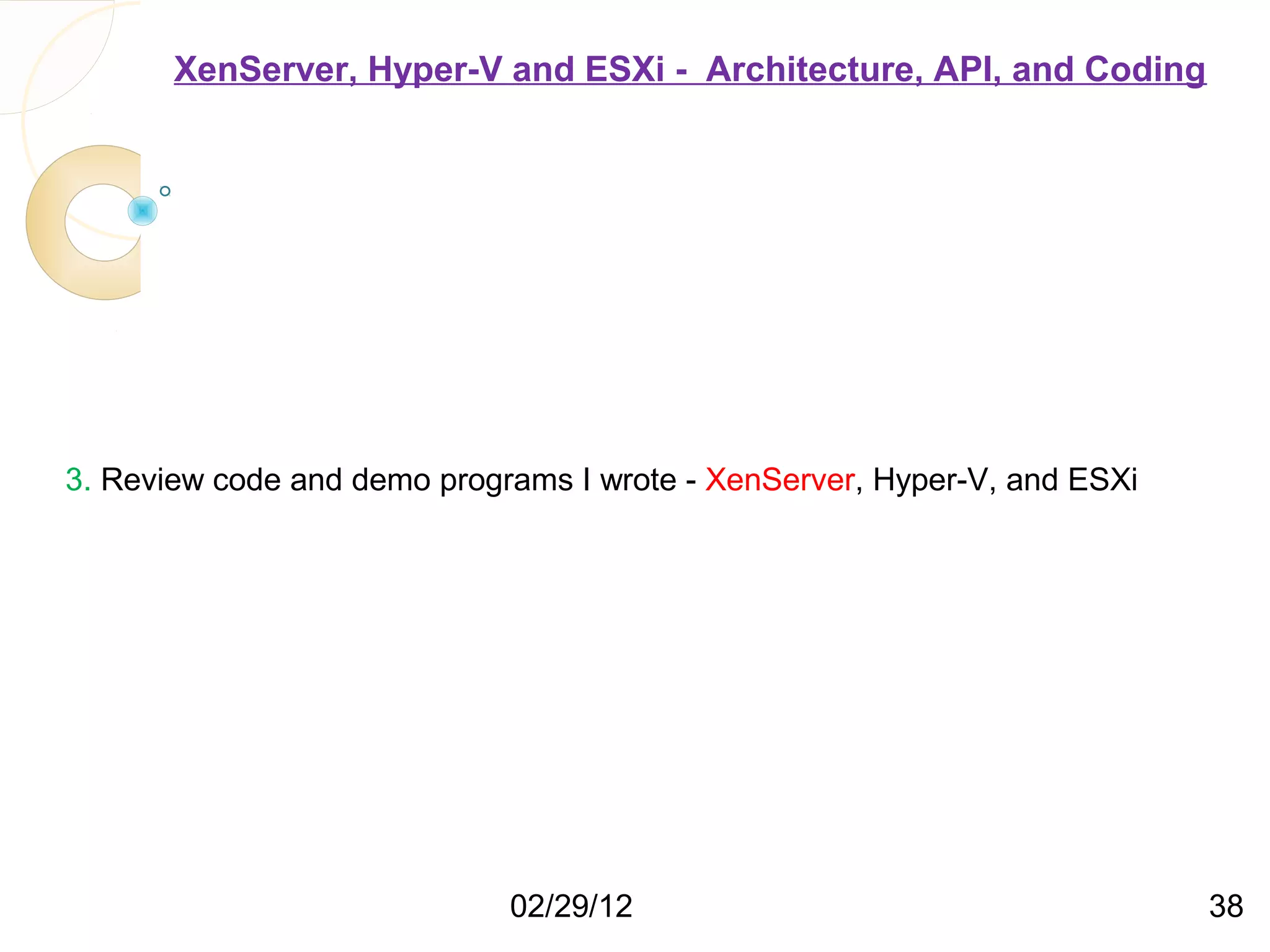 XenServer, Hyper-V and ESXi - Architecture, API, and Coding 3. Review code and demo programs I wrote - XenServer, Hyper-V, and ESXi 02/29/12 38 