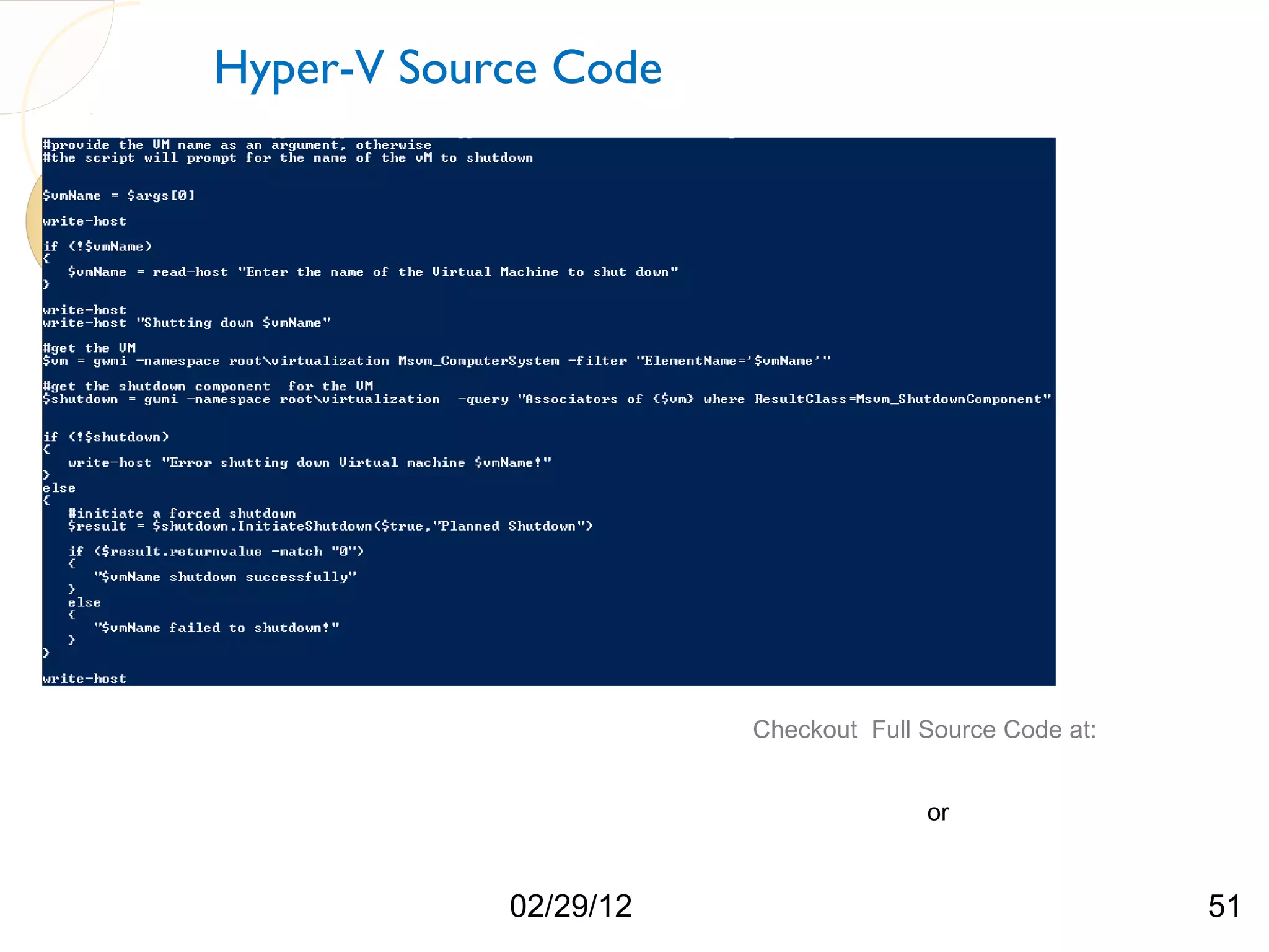 Hyper-V Source Code Checkout Full Source Code at: http://humairahmed.com/#Downloads or https://github.com/HumairAhmed 02/29/12 51 