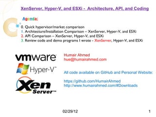 XenServer, Hyper-V, and ESXi - Architecture, API, and Coding

Agenda:

0. Quick hypervisor/market comparison
1. Architecture/Installation Comparison – XenServer, Hyper-V, and ESXi
2. API Comparison – XenServer, Hyper-V, and ESXi
3. Review code and demo programs I wrote - XenServer, Hyper-V, and ESXi


                         Humair Ahmed
                         hue@humairahmed.com


                         All code available on GitHub and Personal Website:

                         https://github.com/HumairAhmed
                         http://www.humairahmed.com/#Downloads




                        02/29/12                                          1
 