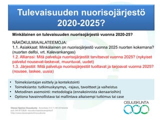 Tulevaisuuden nuorisojärjestö
2020-2025?
Minkälainen on tulevaisuuden nuorisojärjestö vuonna 2020-25?
NÄKÖKULMIA/ALATEEMOJA:
1.1. Asiakkaat: Minkälainen on nuorisojärjestö vuonna 2025 nuorten kokemana?
(nuorten delfoi, vrt. Kalevankangas)
1.2. Allianssi: Mitä palveluja nuorisojärjestöt tarvitsevat vuonna 2025? (nykyiset
palvelut nousevat-laskevat, muuntuvat, uudet)
1.3. Järjestöt: Mitä palveluja nuorisojärjestöt tuottavat ja tarjoavat vuonna 2025?
(nousee, laskee, uusia)
• Toimeksiantajan esittely ja kontekstointi
• Toimeksianto: tutkimuskysymys, -rajaus, tavoitteet ja vaiheistus
• Metodinen asemointi: metodologia (ennakoinnista skenaarioihin)
• Optiona havainnollistava tai mallintava aikaisempi tutkimus tai case
 