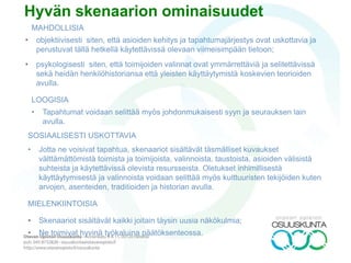 SKENAARIO
1
SKENAARIO
2
SKENAARIO
3
SKENAARIO
4
SKENAARIO
n.
VAIHE 1: Taustatiedon
analyysi
VAIHE 2:
Tulevaisuuskuvien
rakentaminen
VAIHE 3:
Skenaariot
Kuva 1
Kuva 2
Kuva 3
Kuva n.
Kuva 4
VAIHE 4: Vision ja
mission luominen
VAIHE 5: Strategian
rakentaminen
Selvitys tarpeista, toiveista,
odotuksista, peloista
Selvitys käytössä olevista
resursseista
Hiljaisen tiedon ja
osaamisen kartoitus
Selvitys heikoista
signaaleista ja villeistä
korteista
Muu tieteellinen ja
taloudellinen taustatieto
Selvitys oman organisaation
arvoista, luonteesta ja
ominaisuuksista (SWOT
tms.)
Selvitys toimintaympäristön
haasteista (PESTE etc.)
Aikasarjat, trendianalyysit,
tilastollinen data
VAIHE 6: Skenaarioiden korjaaminen ja
uudistaminen muuttuneiden olosuhteiden
vaatimusten mukaan  paluu prosessin alkuun
Askel 1
Askel 3
Askel 2
nykytila
Visio
…
Ajan myötä
muuttuvat olo-
suhteet ja
toimintaympäristö
 