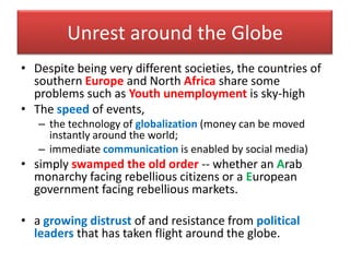 Unrest around the Globe
• Despite being very different societies, the countries of
  southern Europe and North Africa share some
  problems such as Youth unemployment is sky-high
• The speed of events,
   – the technology of globalization (money can be moved
     instantly around the world;
   – immediate communication is enabled by social media)
• simply swamped the old order -- whether an Arab
  monarchy facing rebellious citizens or a European
  government facing rebellious markets.

• a growing distrust of and resistance from political
  leaders that has taken flight around the globe.
 